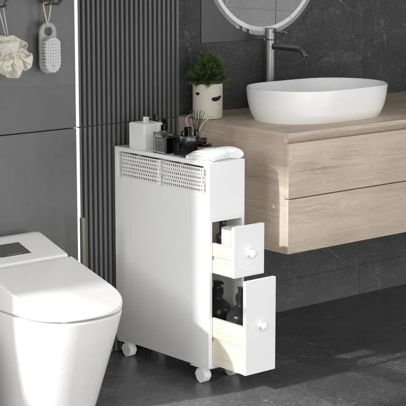 Meuble de rangement en bois autoportant avec panier de rangement pour salle de bain étroite