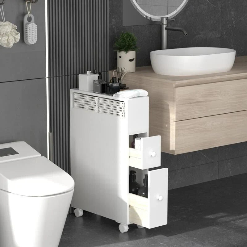Meuble de rangement en bois autoportant avec panier de rangement pour salle de bain étroite