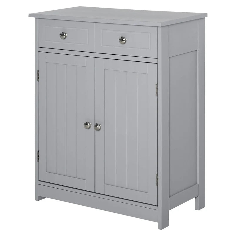 Meuble de rangement autoportant pour salle de bain, colonne sur pied avec 2 portes, 2 tiroirs et étagère réglable, gris