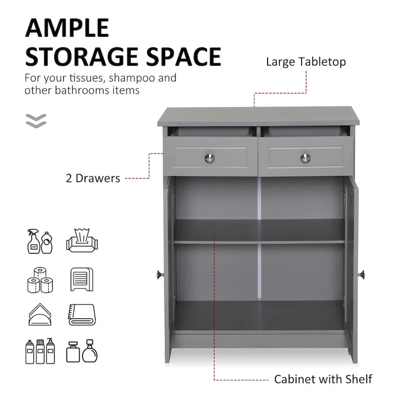 Meuble de rangement autoportant pour salle de bain, colonne sur pied avec 2 portes, 2 tiroirs et étagère réglable, gris