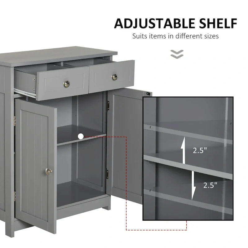 Meuble de rangement autoportant pour salle de bain, colonne sur pied avec 2 portes, 2 tiroirs et étagère réglable, gris