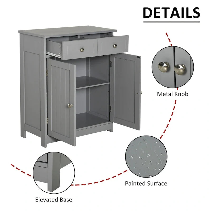 Meuble de rangement autoportant pour salle de bain, colonne sur pied avec 2 portes, 2 tiroirs et étagère réglable, gris