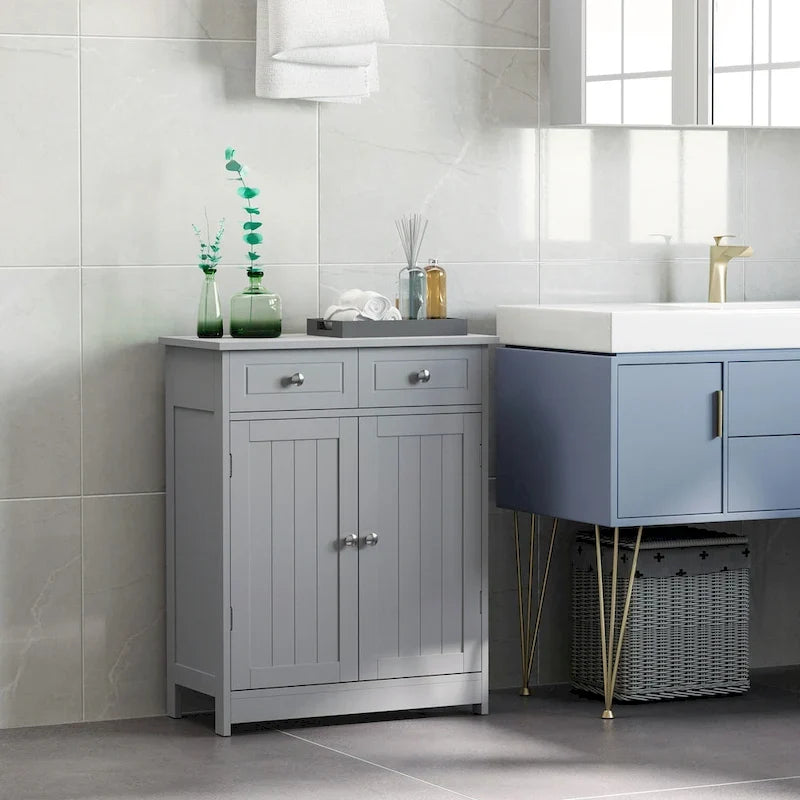 Meuble de rangement autoportant pour salle de bain, colonne sur pied avec 2 portes, 2 tiroirs et étagère réglable, gris