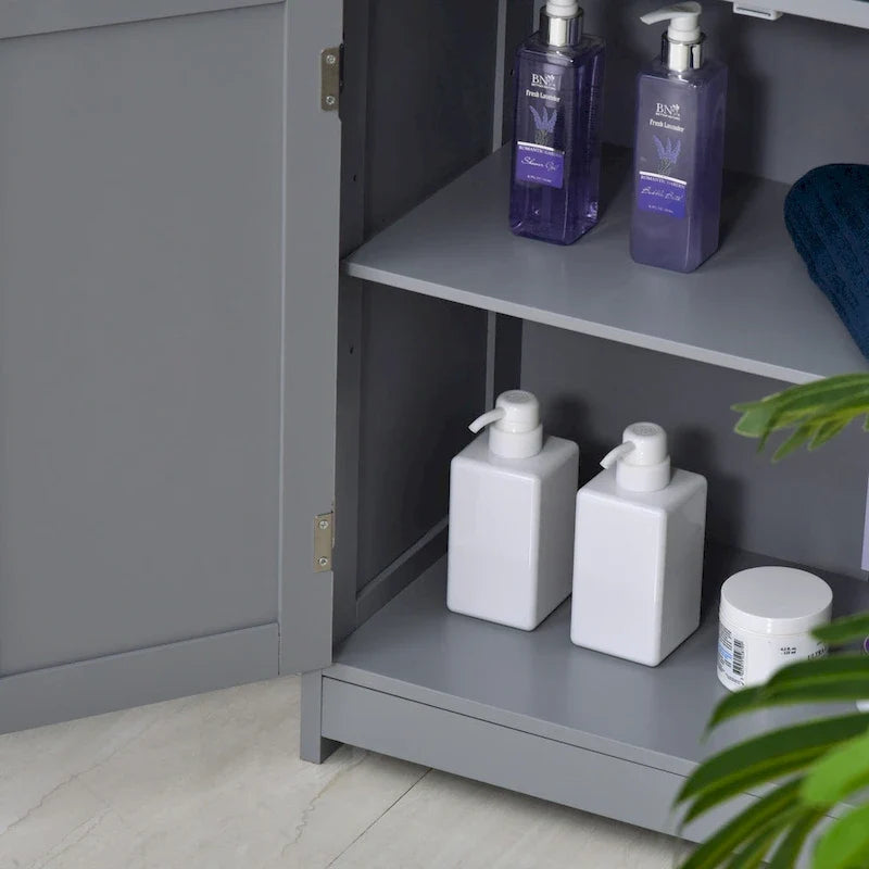 Meuble de rangement autoportant pour salle de bain, colonne sur pied avec 2 portes, 2 tiroirs et étagère réglable, gris