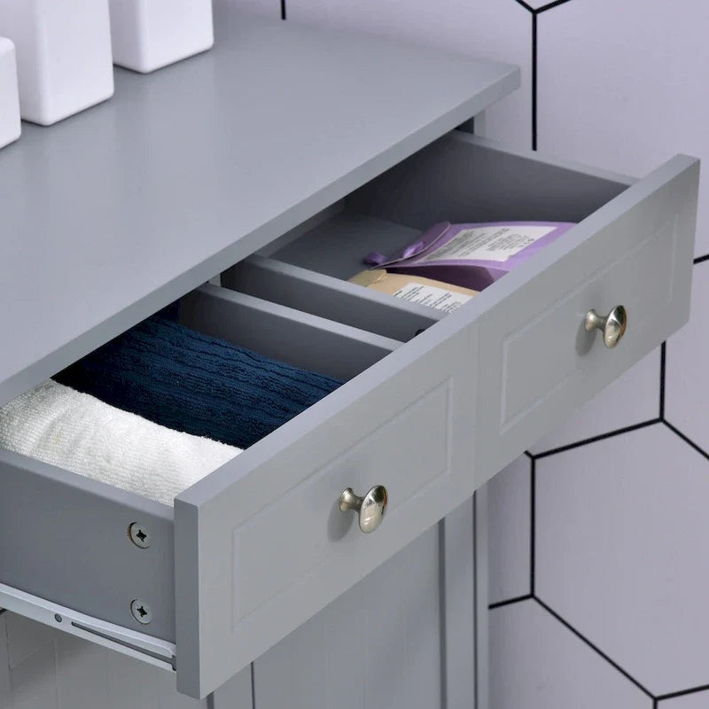 Meuble de rangement autoportant pour salle de bain, colonne sur pied avec 2 portes, 2 tiroirs et étagère réglable, gris