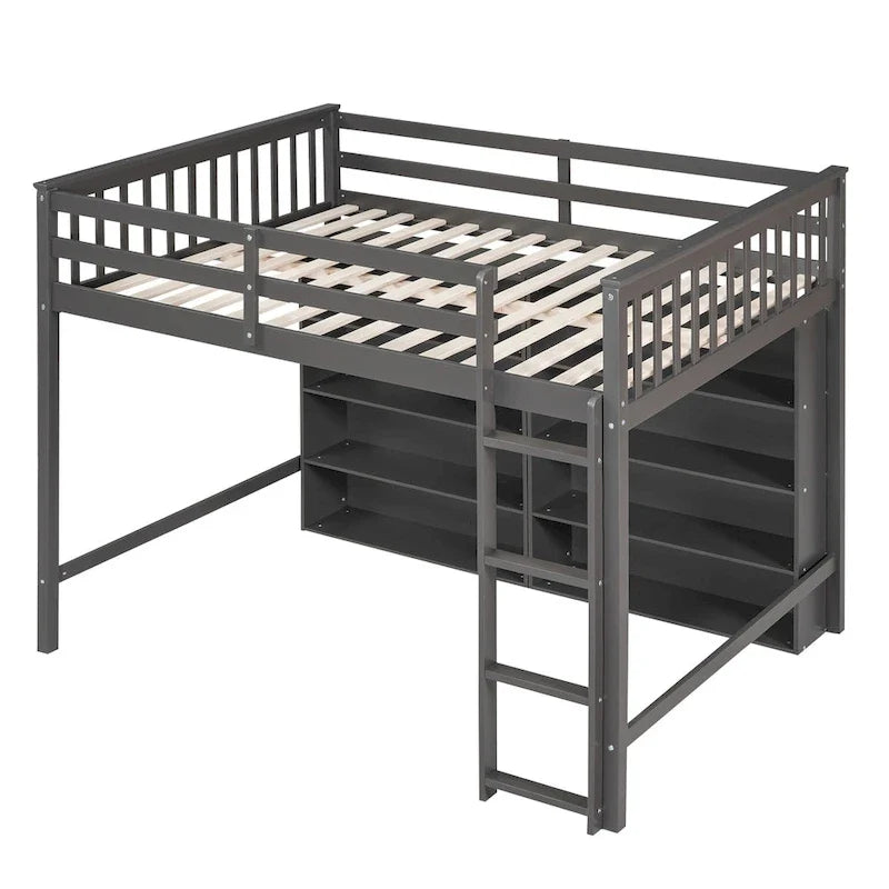 Full Size Loft Bed with 8 Open Storage Shelves and Built-in Ladder, Gray