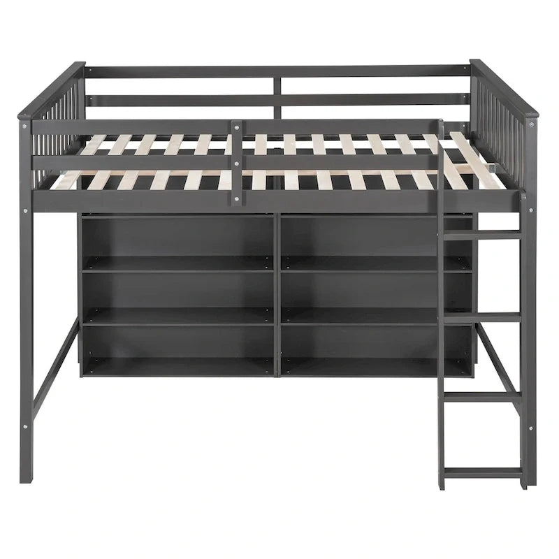 Lit mezzanine double avec 8 étagères de rangement ouvertes et échelle intégrée, gris