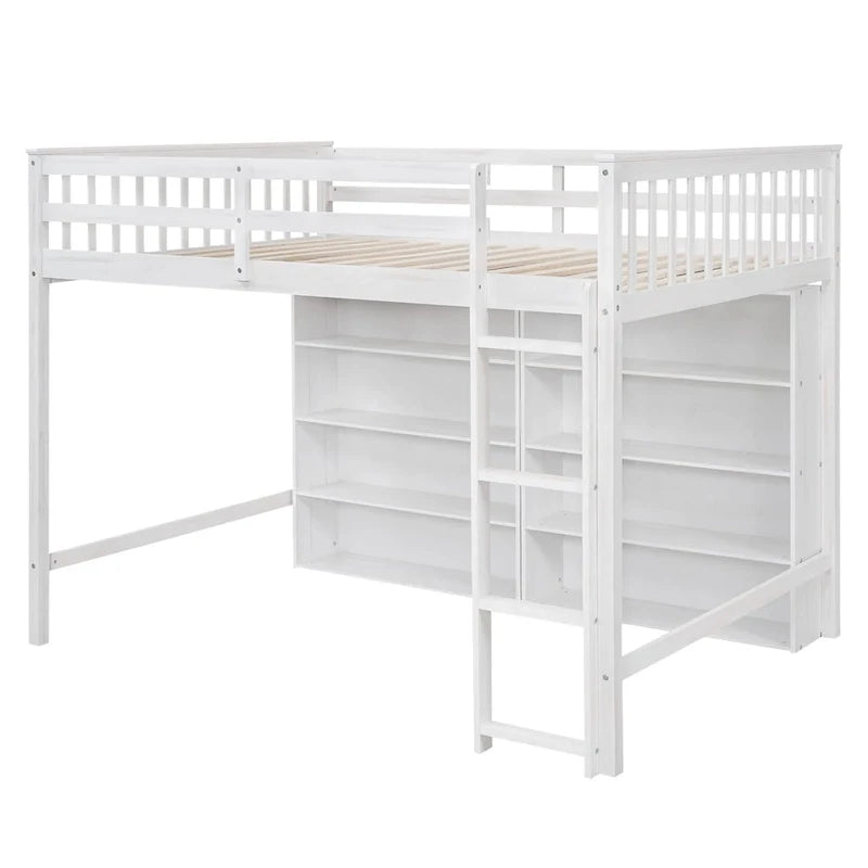 Lit mezzanine double avec 8 étagères de rangement ouvertes et échelle intégrée, gris