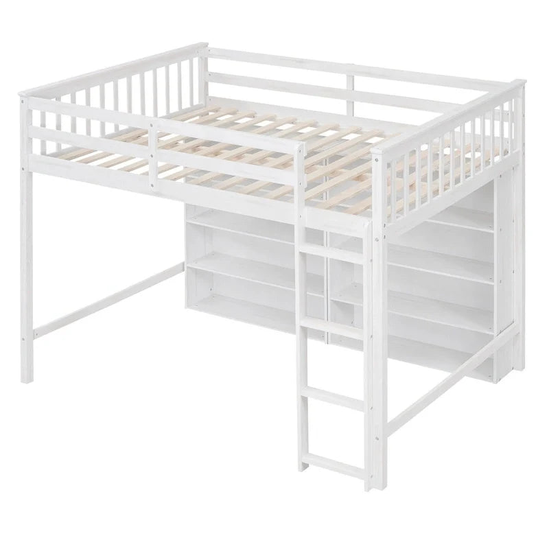 Lit mezzanine double avec 8 étagères de rangement ouvertes et échelle intégrée, gris