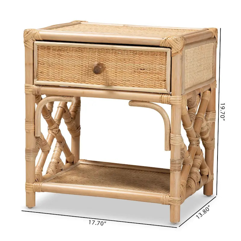 Table de chevet bohème moderne en rotin naturel marron à un tiroir