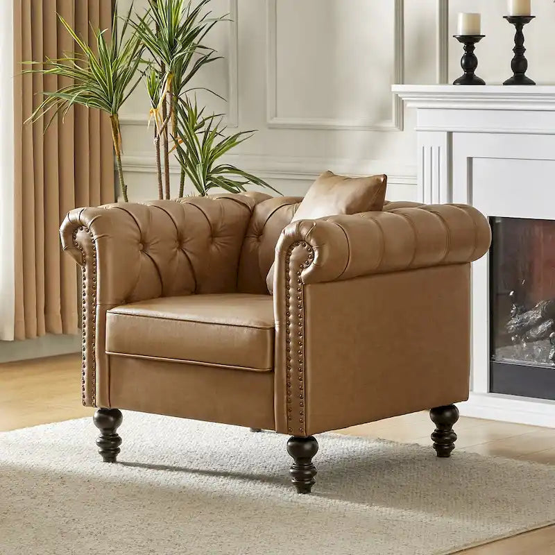 Fauteuil rembourré traditionnel avec pieds en bois massif par