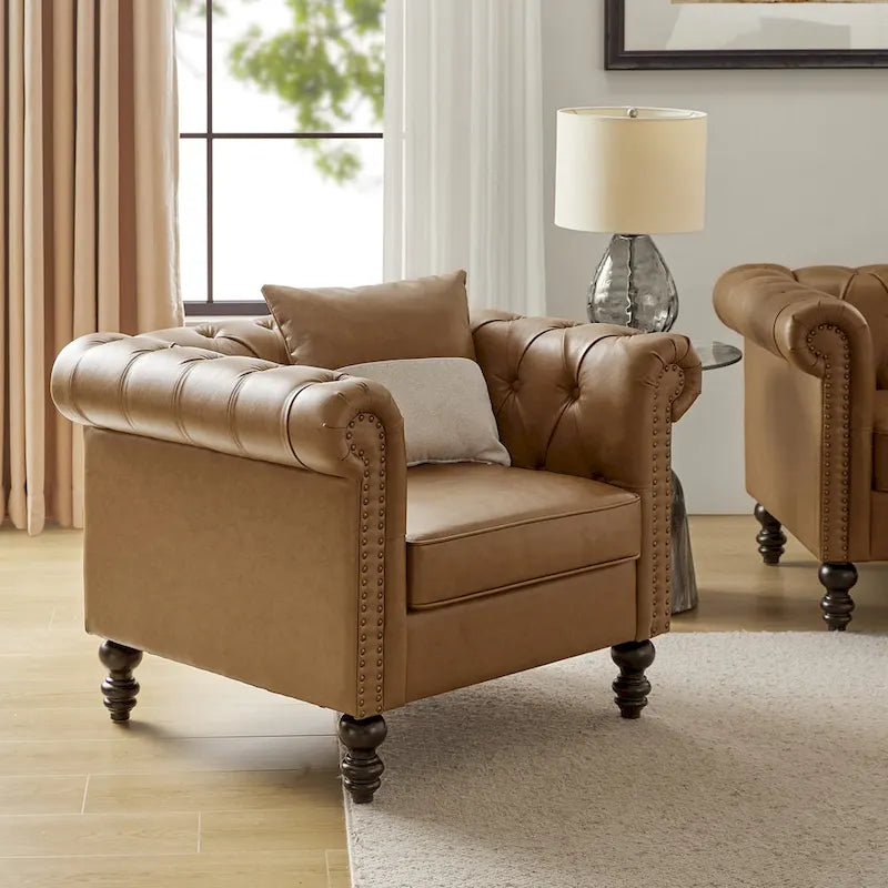 Fauteuil rembourré traditionnel avec pieds en bois massif par