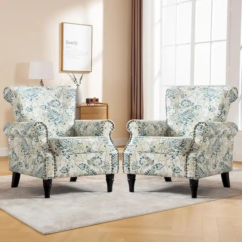 Lot de 2 fauteuils d'appoint à bras enroulés, rembourrés et à motifs floraux avec garniture à clous