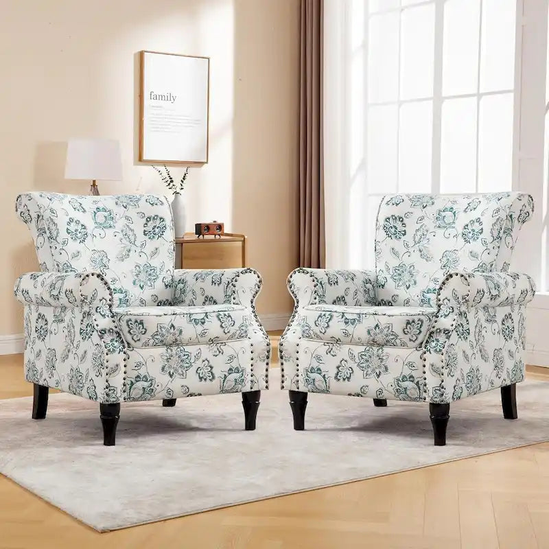Lot de 2 fauteuils d'appoint à bras enroulés, rembourrés et à motifs floraux avec garniture à clous