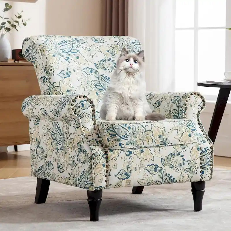 Lot de 2 fauteuils d'appoint à bras enroulés, rembourrés et à motifs floraux avec garniture à clous