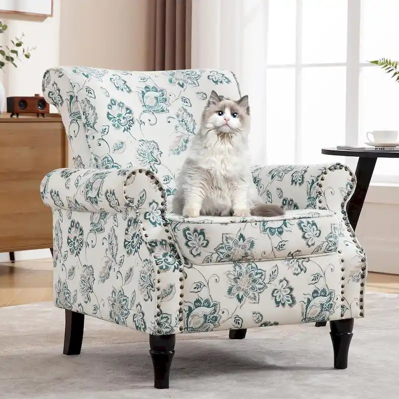 Lot de 2 fauteuils d'appoint à bras enroulés, rembourrés et à motifs floraux avec garniture à clous