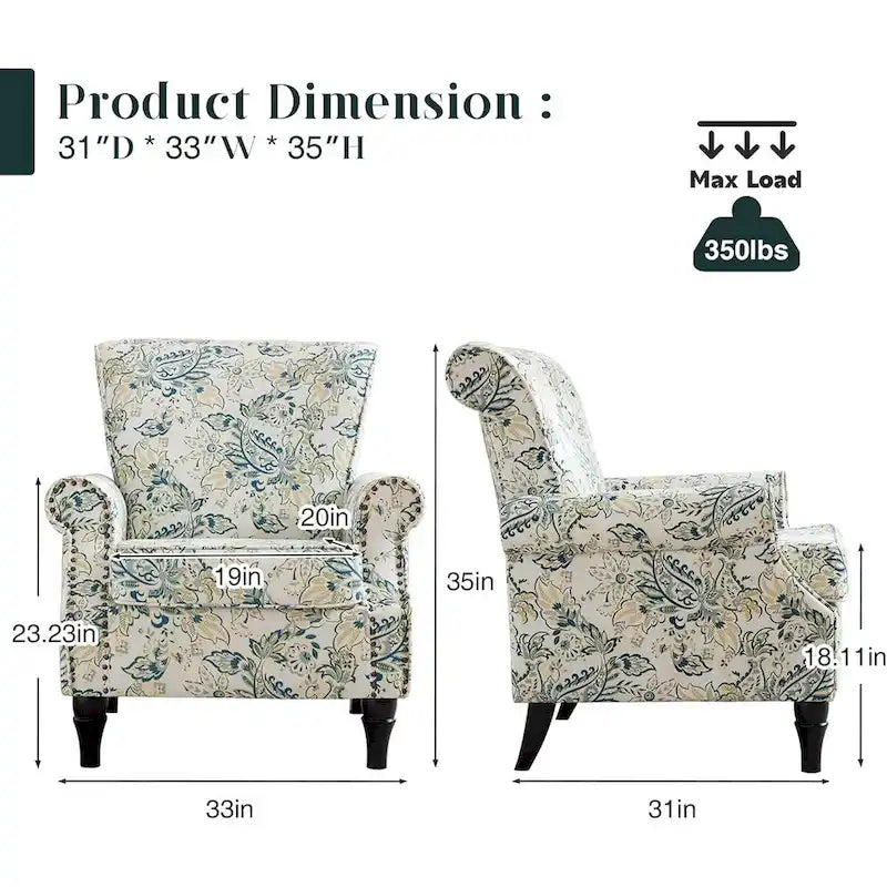 Lot de 2 fauteuils d'appoint à bras enroulés, rembourrés et à motifs floraux avec garniture à clous