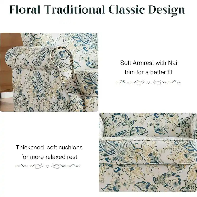 Lot de 2 fauteuils d'appoint à bras enroulés, rembourrés et à motifs floraux avec garniture à clous