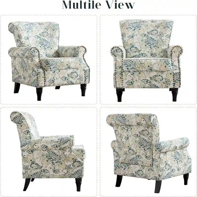 Lot de 2 fauteuils d'appoint à bras enroulés, rembourrés et à motifs floraux avec garniture à clous