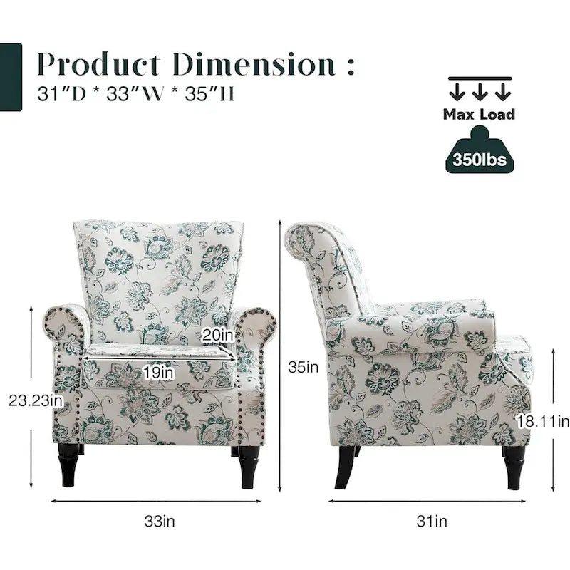 Lot de 2 fauteuils d'appoint à bras enroulés, rembourrés et à motifs floraux avec garniture à clous