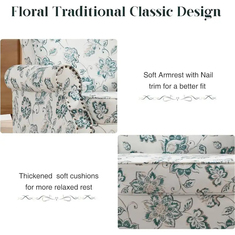 Lot de 2 fauteuils d'appoint à bras enroulés, rembourrés et à motifs floraux avec garniture à clous