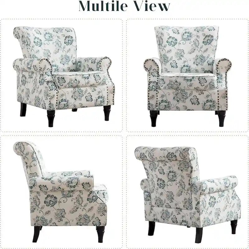 Lot de 2 fauteuils d'appoint à bras enroulés, rembourrés et à motifs floraux avec garniture à clous