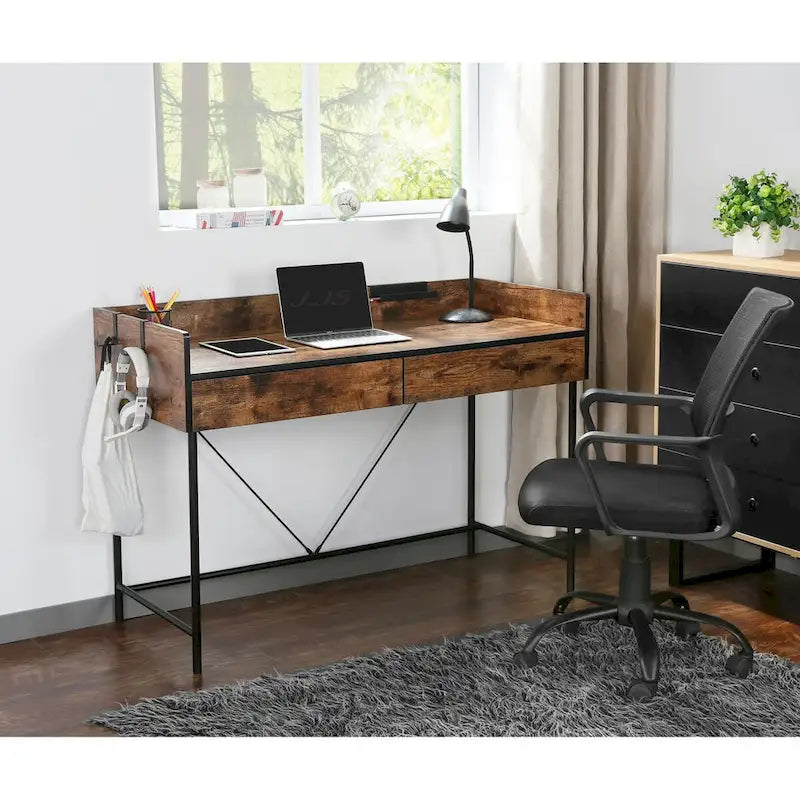 Bureau d'ordinateur de 48 po avec tiroirs, bureau d'étude et d'écriture compact en bois moderne avec panneau de confidentialité et rangement