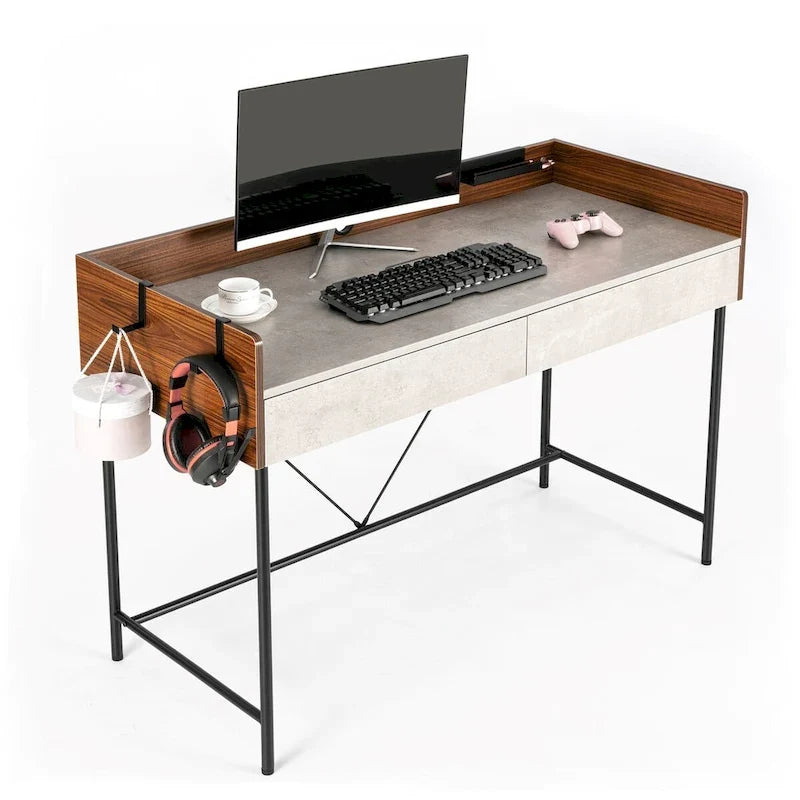 Bureau d'ordinateur de 48 po avec tiroirs, bureau d'étude et d'écriture compact en bois moderne avec panneau de confidentialité et rangement