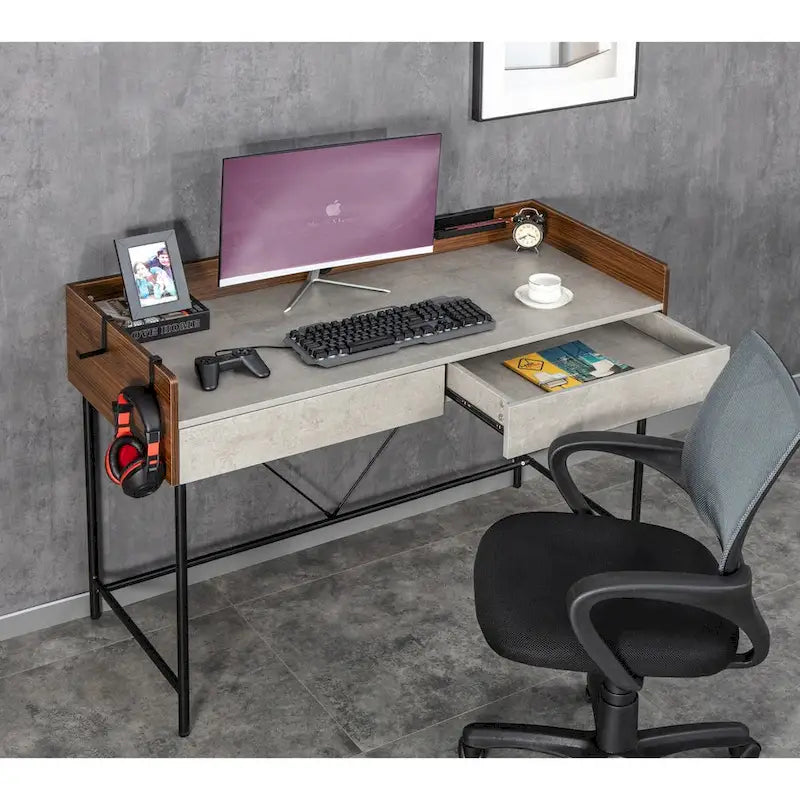 Bureau d'ordinateur de 48 po avec tiroirs, bureau d'étude et d'écriture compact en bois moderne avec panneau de confidentialité et rangement
