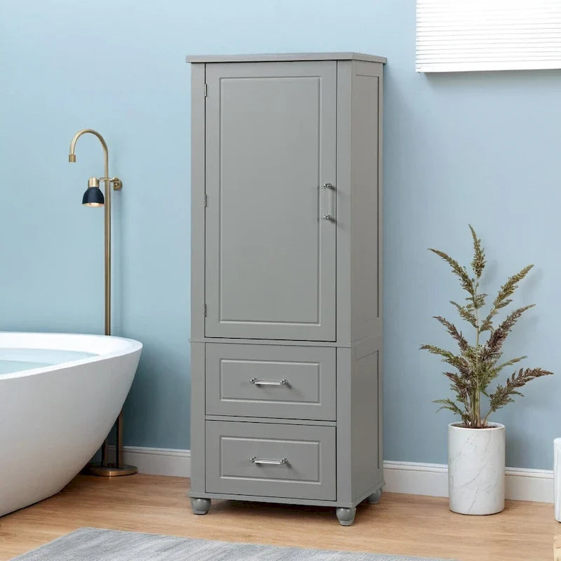 Tall Bathroom Storage Cabinet, Freestanding Storage Cabinet with Two Drawers and Adjustable Shelf, MDF Board with Painted Finish
