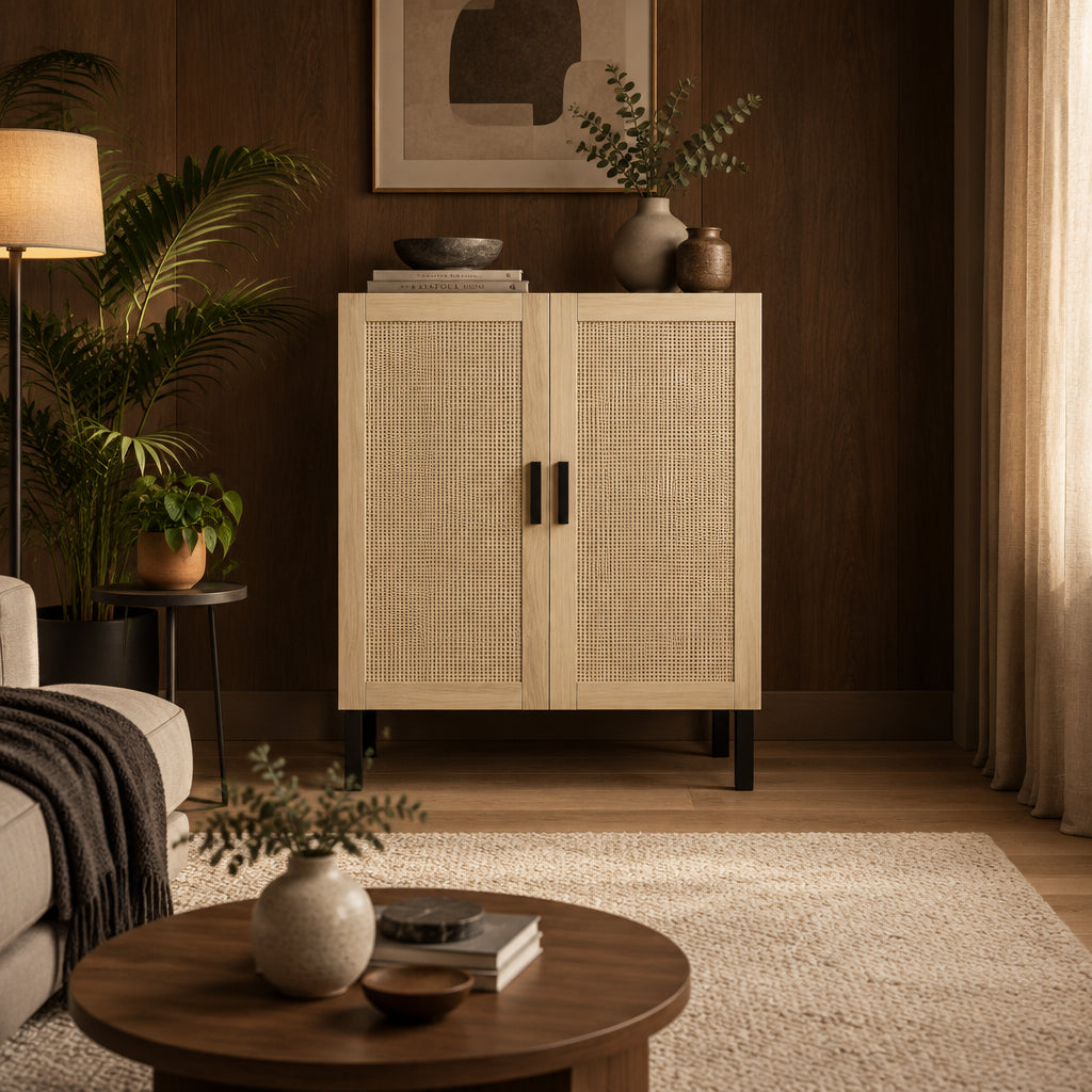 Buffet enfilade, meuble de cuisine, meuble bar à café avec 2 portes en rotin et étagères réglables