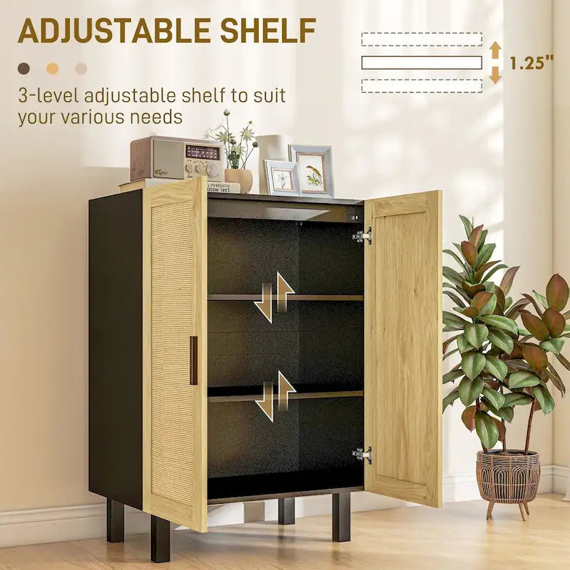Buffet enfilade, meuble de cuisine, meuble bar à café avec 2 portes en rotin et étagères réglables
