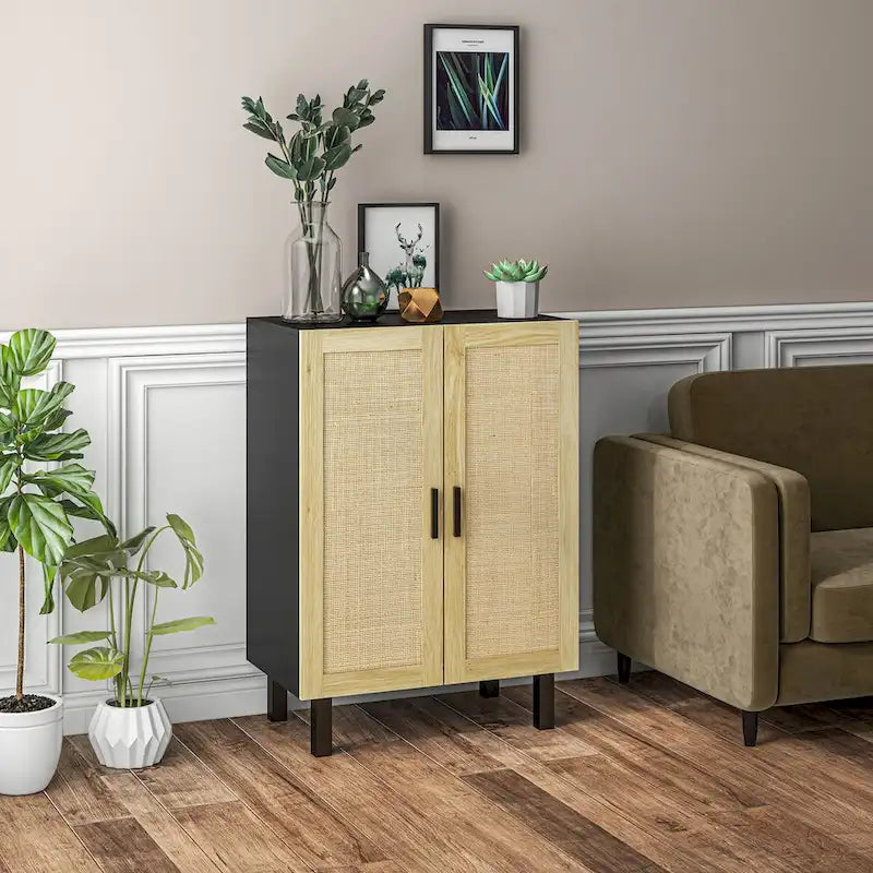 Buffet enfilade, meuble de cuisine, meuble bar à café avec 2 portes en rotin et étagères réglables