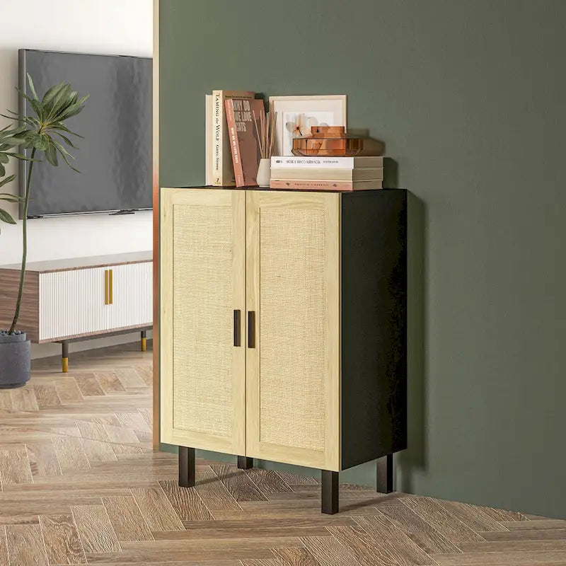 Buffet enfilade, meuble de cuisine, meuble bar à café avec 2 portes en rotin et étagères réglables