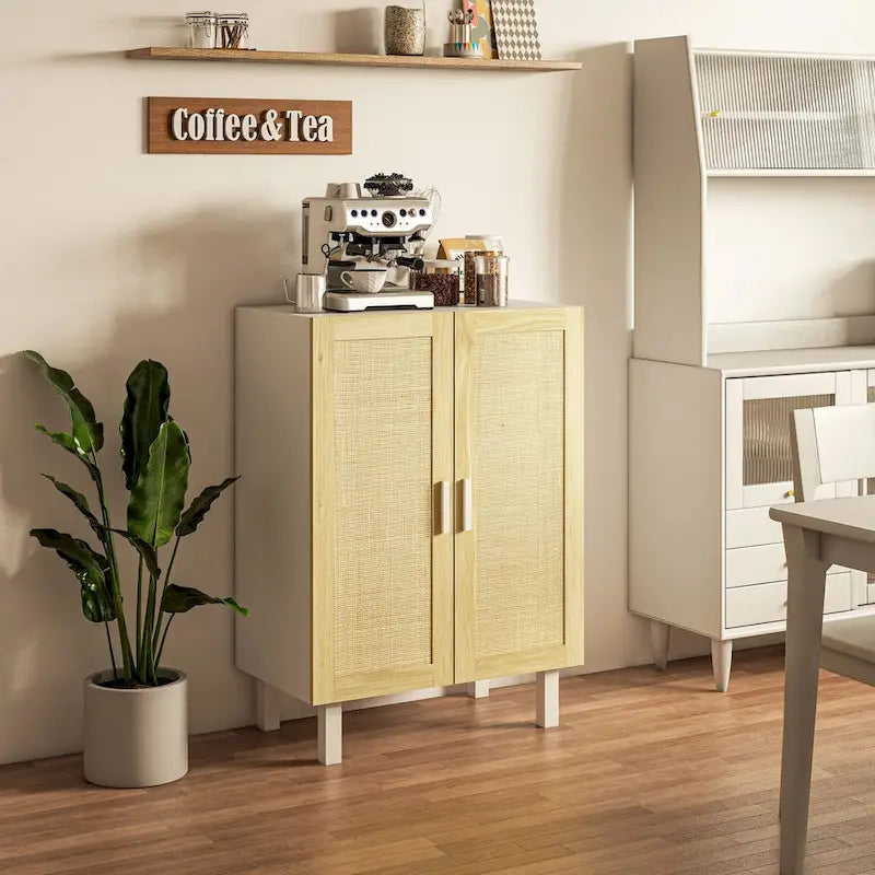 Buffet enfilade, meuble de cuisine, meuble bar à café avec 2 portes en rotin et étagères réglables