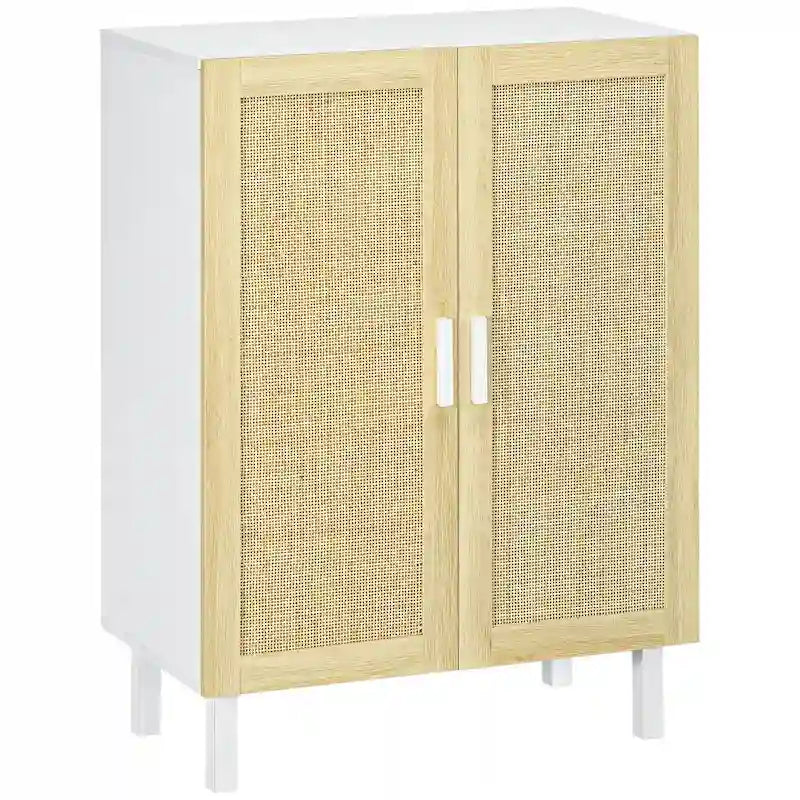 Buffet enfilade, meuble de cuisine, meuble bar à café avec 2 portes en rotin et étagères réglables