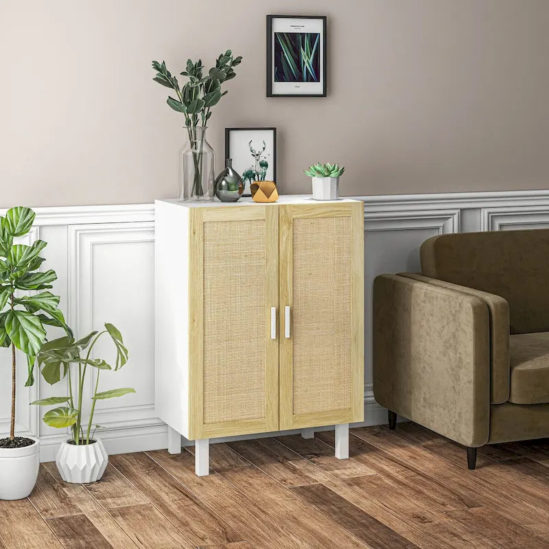 Buffet enfilade, meuble de cuisine, meuble bar à café avec 2 portes en rotin et étagères réglables