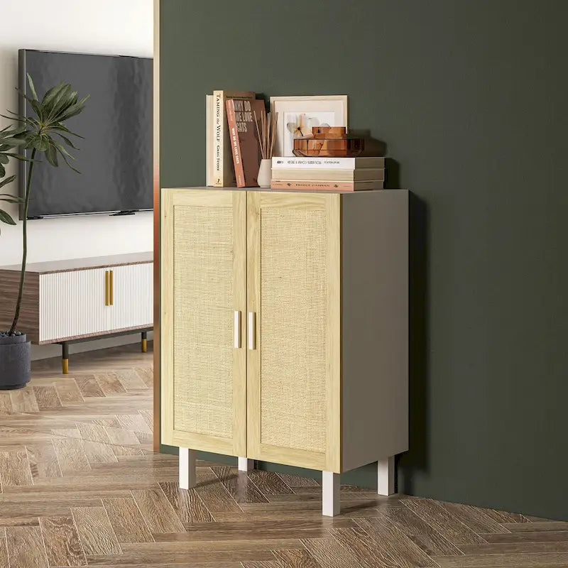Buffet enfilade, meuble de cuisine, meuble bar à café avec 2 portes en rotin et étagères réglables